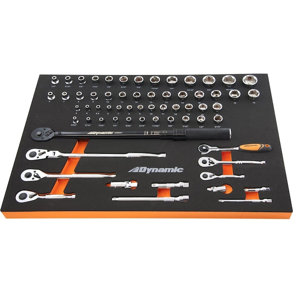 Dynamic 65Pcs 1/4", 3/8" Dr Socket, Attchmnt & Torque Wrench Set & Tool Orgnzr D096004-FT1T - main